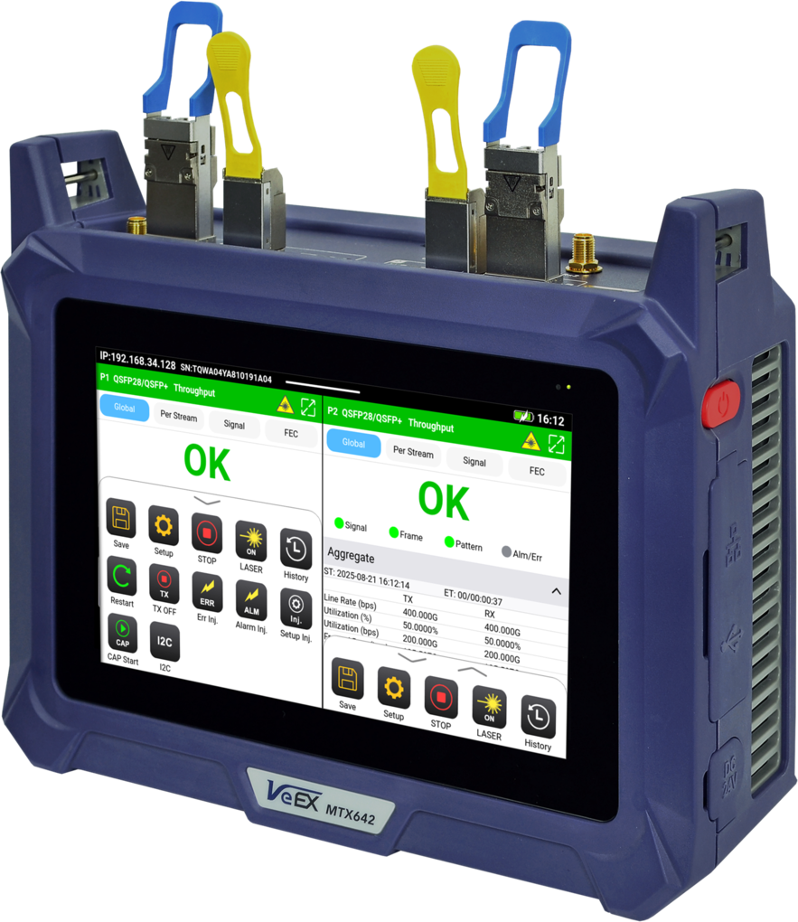 Testeur VeEX MTX642 400GE portable avec écran tactile 7 pouces, utilisé pour les tests de performance Ethernet dans les réseaux fibre optique, datacenter et backbone.