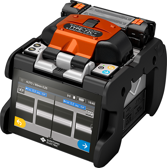 Soudeuse Fibre Optique T-72C+ en utilisation, montrant l'écran LCD et la cliveuse